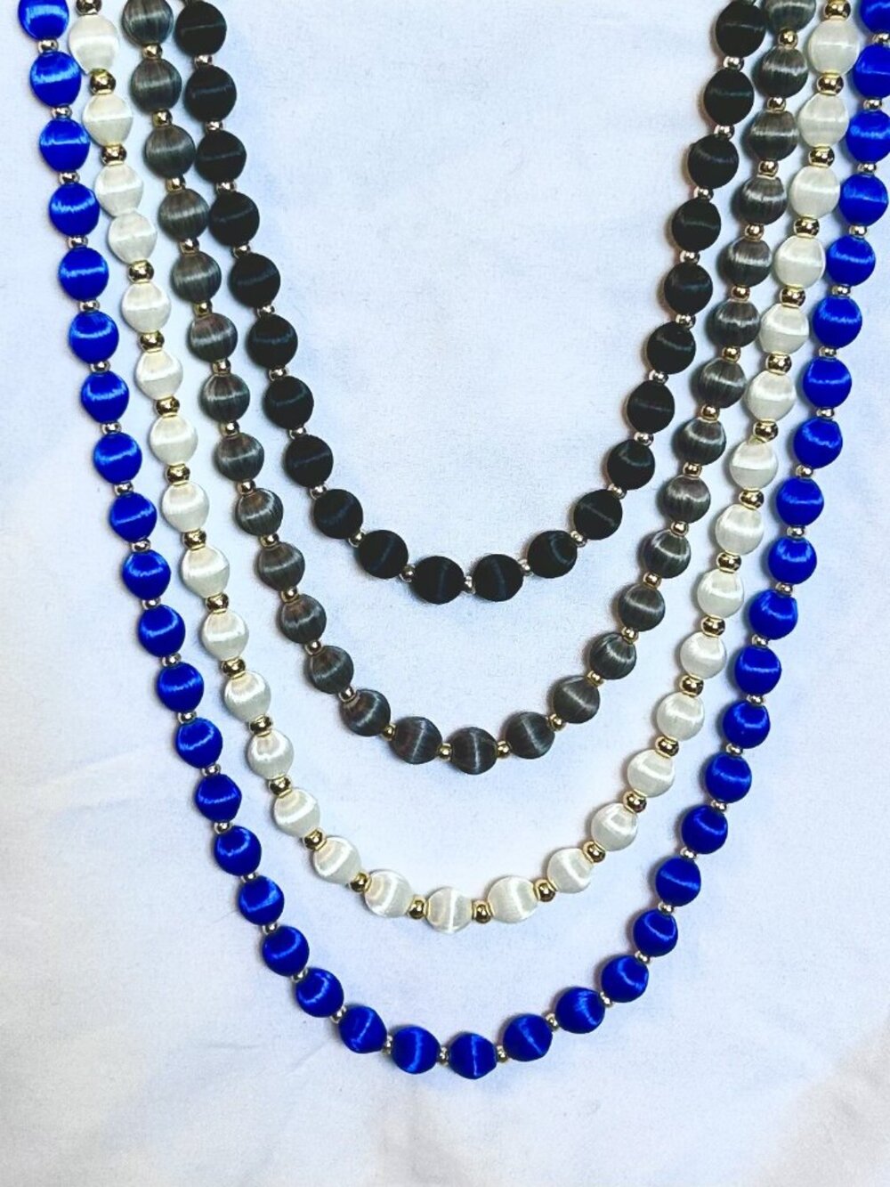 Lot of 4 Vintage Satin Beaded Necklaces with Spacers White Blue Black and Grey